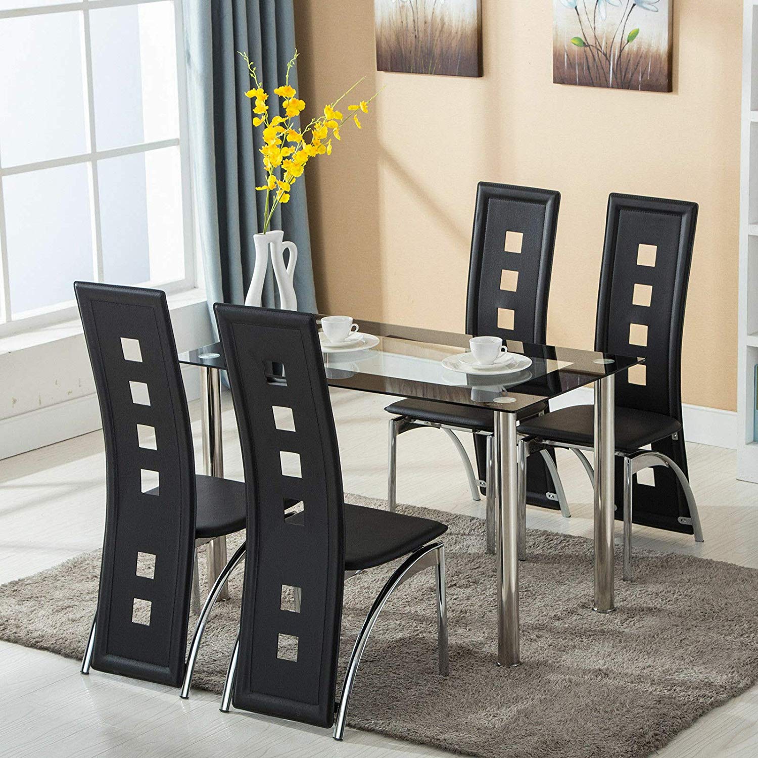 Buy Modern 5 Piece Dining Table Set Tempered Glass Transparent Dining Table With 4pcs Chairs Room Kitchen Breakfast Furniture 110cm Unique Design Home Decorblack Online In Indonesia 615717514
