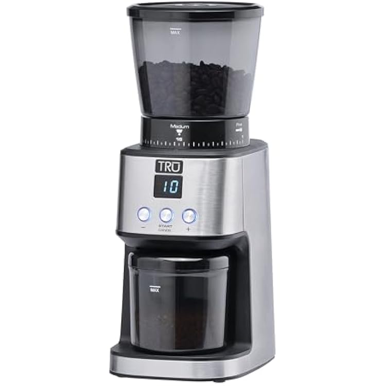 TRU Conical Burr Grinder - Precision Coffee Bean Grinder with 30 Grind Settings - Adjustable Grind Time & Digital Countdown - 9 oz Bean Hopper for Espresso & Drip Coffee