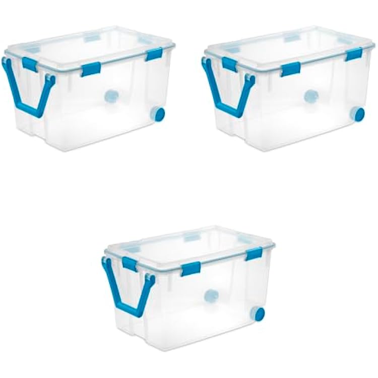 Sterilite 120 Qt Wheeled Gasket Box, Stackable Storage Bin with Latching Lid, Handle and Tight Seal, Plastic Container with Clear Base and Lid, 3-Pack