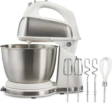 Hamilton Beach Classic Stand and Hand Mixer, 4 Quarts, 6 Speeds with QuickBurst, Bowl Rest, 290 Watts Peak Power, White 64655