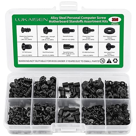 350PCS Computer Screw Kit, Motherboard Standoffs & Screws Assortment for PC Case Fan HDD SSD Motherboard, Black Zinc Carbon Steel Replacement Hardware Set with 54pcs Insulation Gaskets